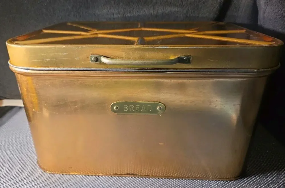 Vintage Copper Color Metal Bread Box Kitchen Storage Bin Hinged Lid 14